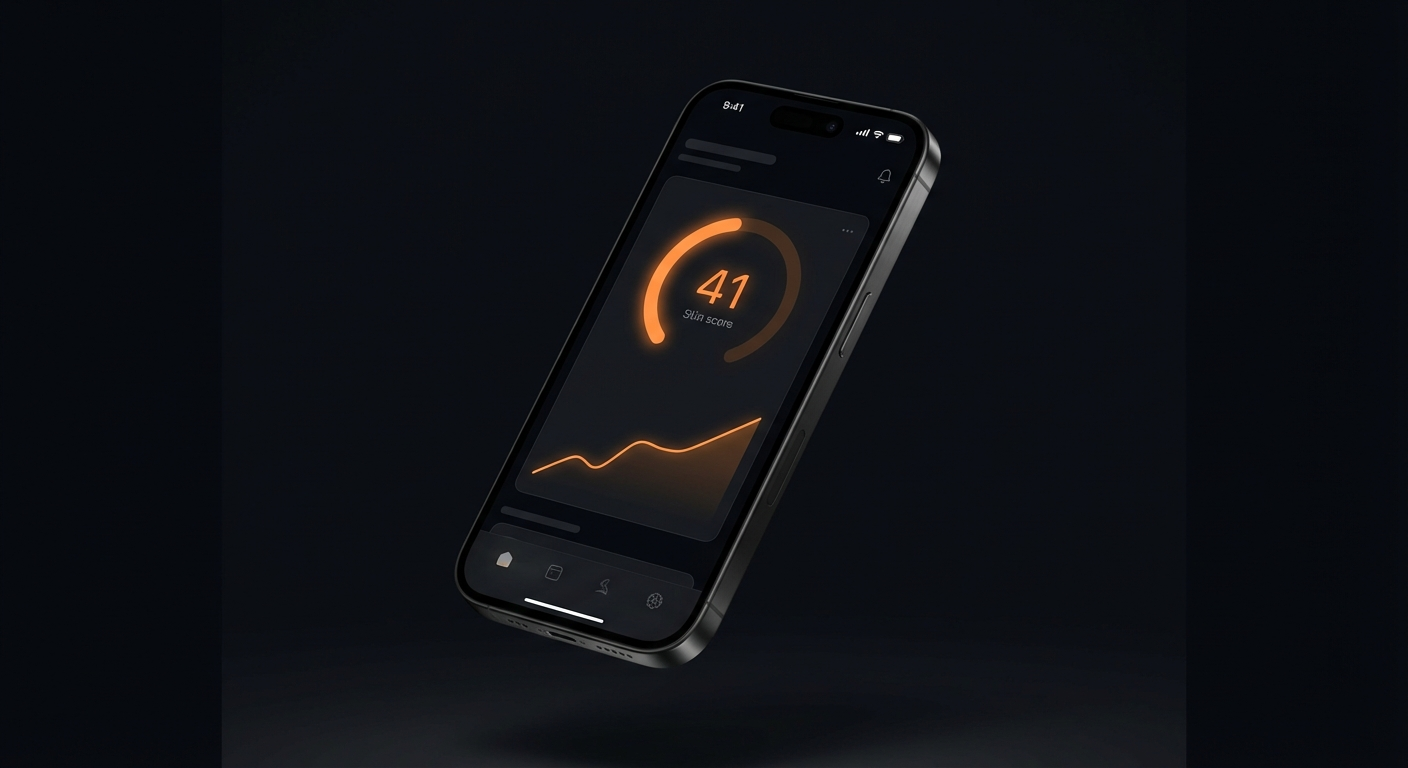 Skinsera iOS app showing skin score gauge and improvement tracking