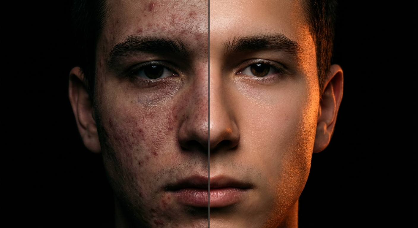 Before and after skin transformation showing clear skin improvement tracked by Skinsera lookmaxxing app